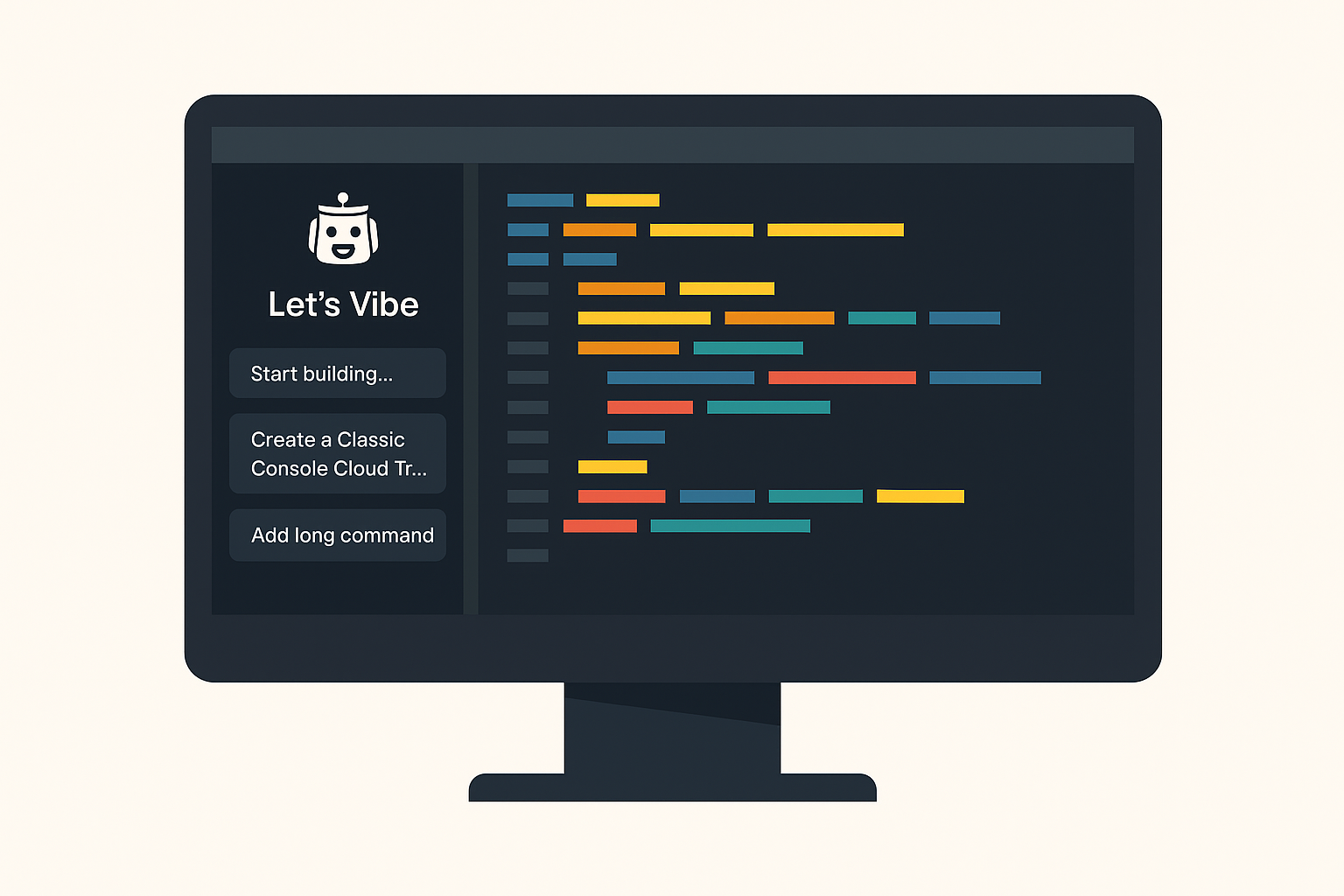 A minimalist digital illustration of a dark-themed computer monitor showing a modern code editor. The left sidebar displays an AI assistant labeled “Let’s Vibe” with three buttons below it, while the main editor area contains colorful horizontal code lines in blue, yellow, orange, teal, and red. The background is light beige, creating a clean and professional contrast.